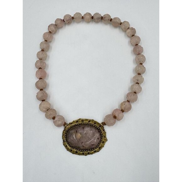 Vintage Antique Carved Rose Quartz Gold Tone Ornate Filigree Collar Necklace 14” - Picture 14 of 14